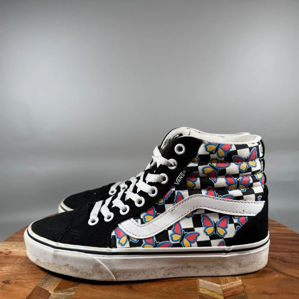 Vans Sk8-Hi Womens 6 Black White Butterfly Checkerboard High Top‎ Sneakers